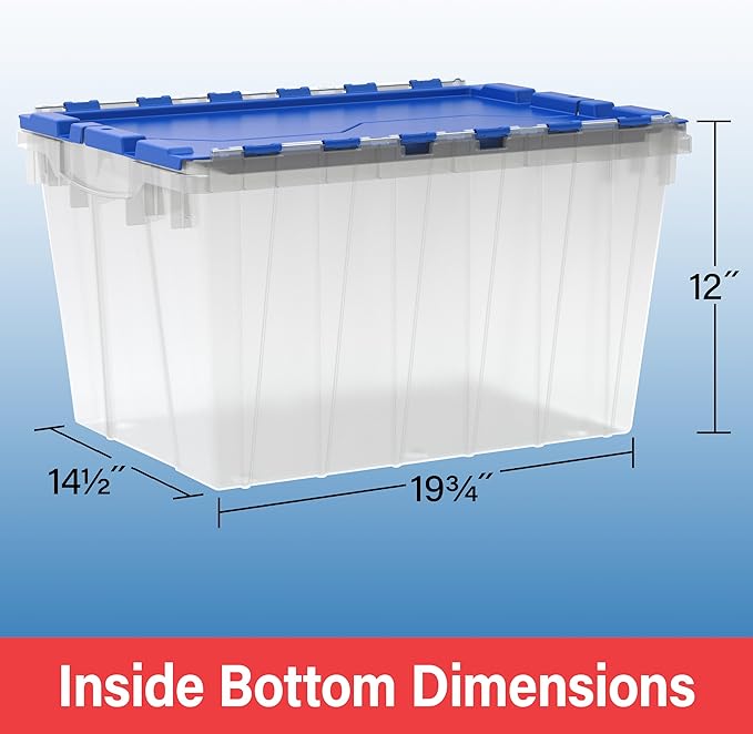 Akro-Mils KeepBox 12 Gallon Storage Container, Nesting and Stackable Plastic Storage Box with Lid Attached, Clear Tote for Garages, Closets, Moving, 21-1/2" x 15" x 12-1/2", Clear/Blue, Pallet of 48