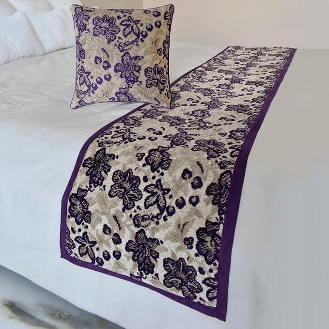 The HomeCentric King/Queen/Twin Purple Designer Twin 53"x18" Bed Runner with 2 Pillow Cover, Floral, Velvet Bed Scarf on Velvet Fabric - Plum Petal