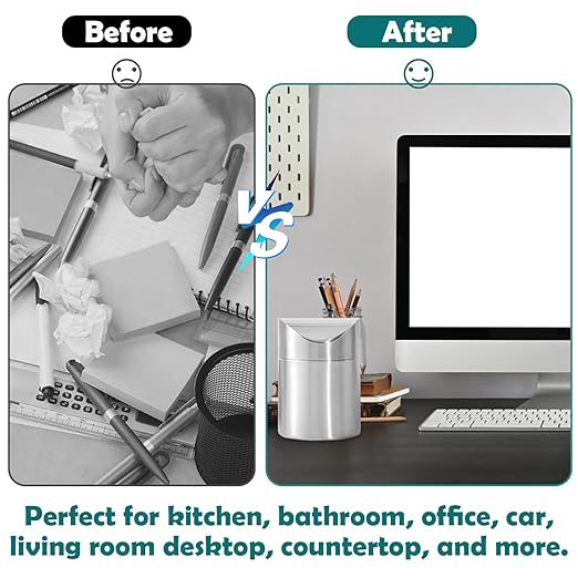 Mini Trash Can, Tiny Desktop Trash Bin with Swing Lid, Stainless Steel Bathroom Countertop Garbage Cans Kitchen Waste Bins with Trash Bag