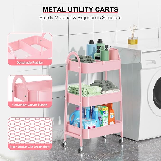 EAGMAK 3 Tier Utility Rolling Cart, Metal Storage Cart with Handle and Lockable Wheels, Multifunctional Storage Organizer Trolley with Mesh Baskets for Kitchen, Living Room, Office, Garage (Pink)
