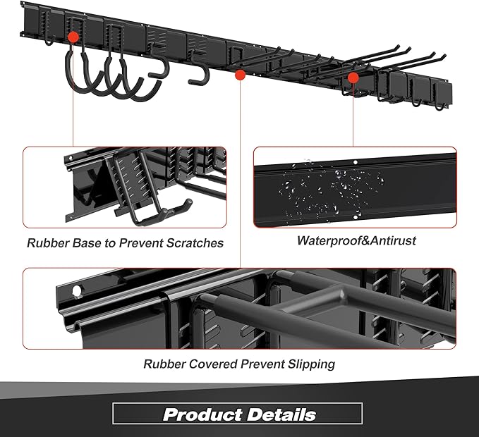 Garage Tool Storage Rack, Heavy Duty Garage Storage Organizer Rack System Wall Mounted Tool with 12 double hooks, 4 rails Garden Tool Rack