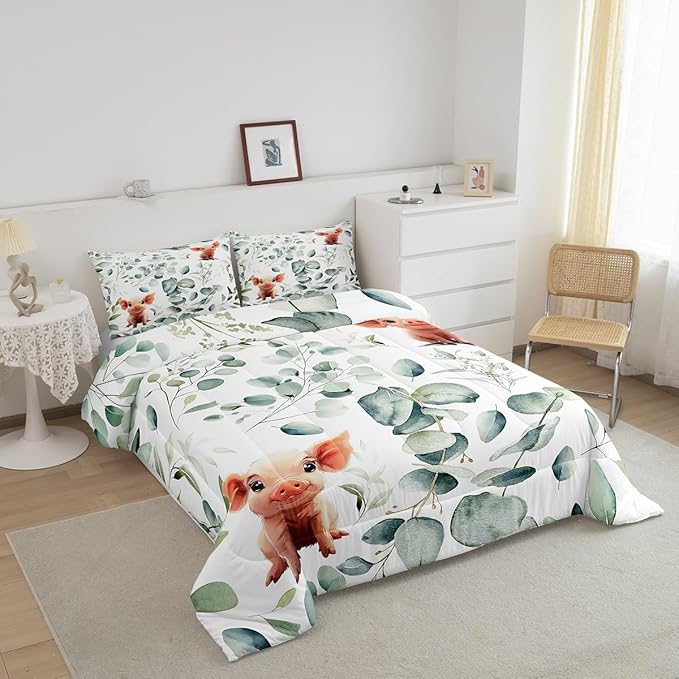 Erosebridal Kawaii Pig Twin Size Comforter Set for Boys Girls Cartoon Animal Bedding Set, Eucalyptus Leaves Down Comforter Farm Wildlife Bed Set, Tropical Botanical Plants Quilted Duvet