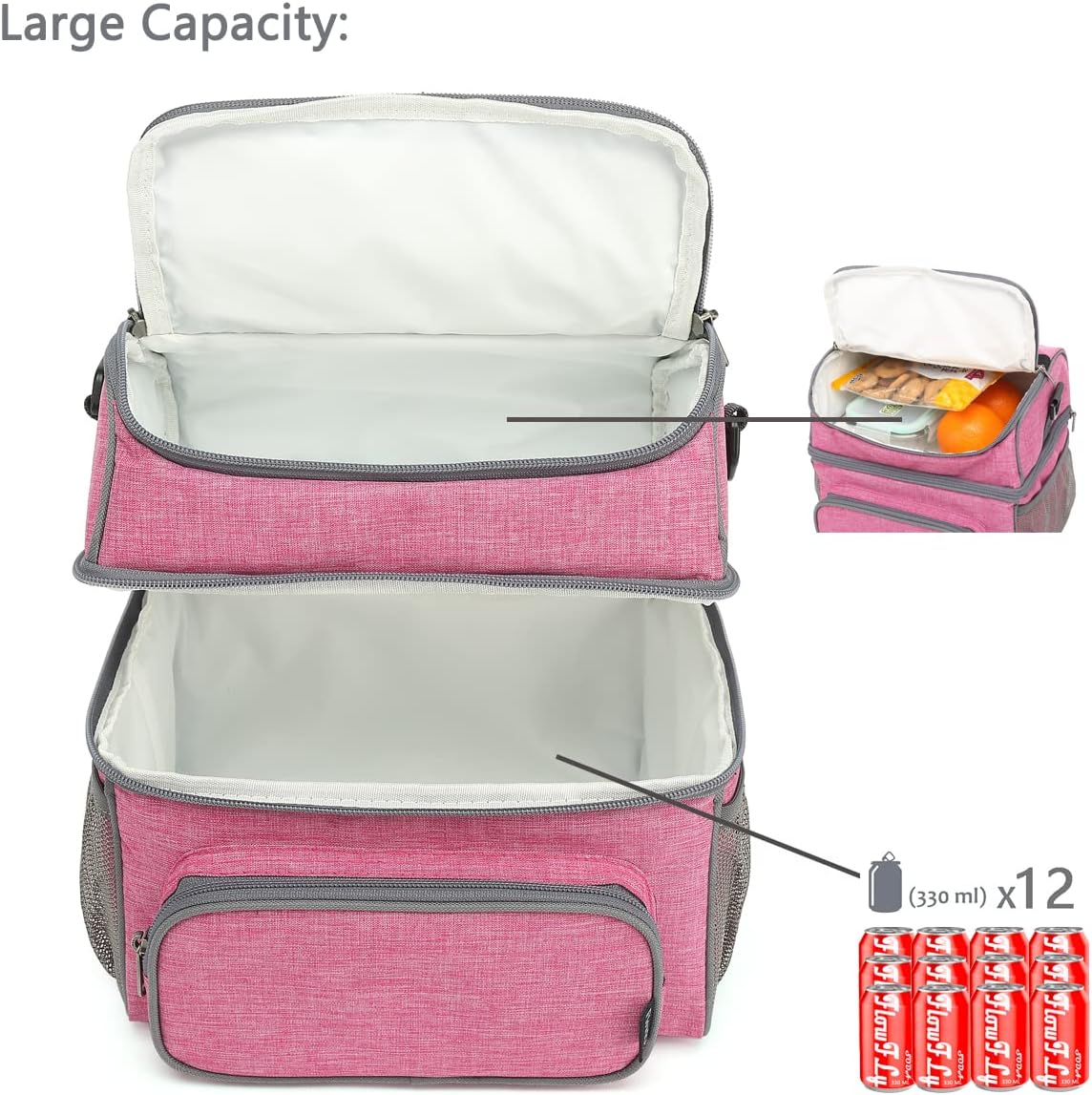 FlowFly Double Layer Cooler Insulated Lunch Bag Adult Lunch Box Large Tote Bag for Men, Women, With Adjustable Strap,Front Pocket and Dual Large Mesh Side Pockets