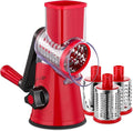 Rotary Cheese Grater with Handle - 3 in 1 Cheese Shredder Rotary Grater Stainless Steel Handheld, Vegetable Slicer for Fruit, Cheese, Nuts(Red)