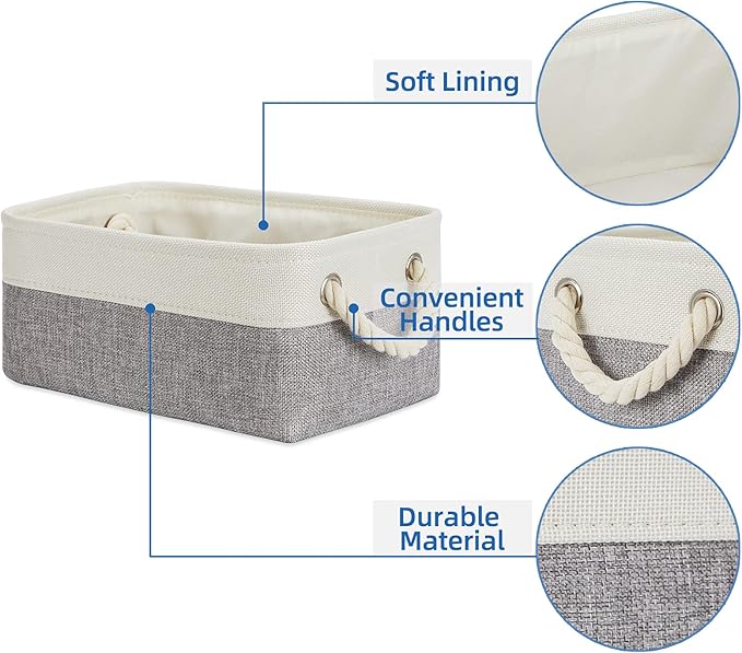 Temary Small Storage Baskets for Organizing 6Pcs Small Storage Bins, Decorative Collapsible Fabric Gift Baskets Empty for Home (White&Grey,11.8L x 7.9W x 5.3H inches)