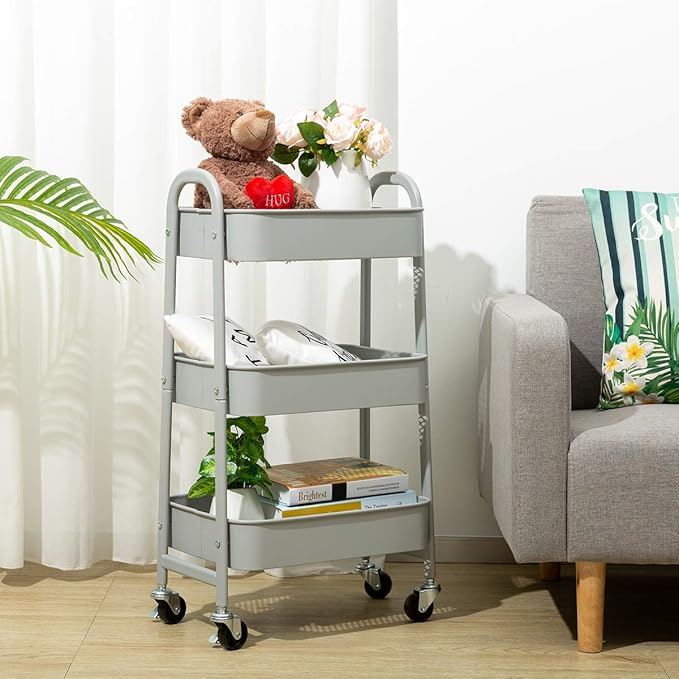 AGTEK Makeup Cart, Movable Rolling Organizer Cart, 3 Tier Metal Utility Cart, Grey