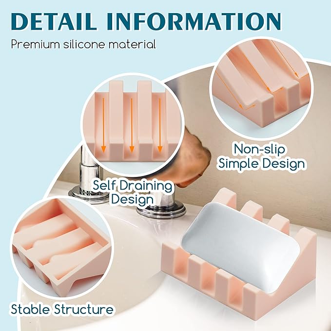 Silicone Soap Dish for Bar Soap Holder for Shower Bathroom Self Draining Waterfall Drying Tray Keep Soap Bars Dry Clean & Easy Cleaning (Grey/Pink, 2)