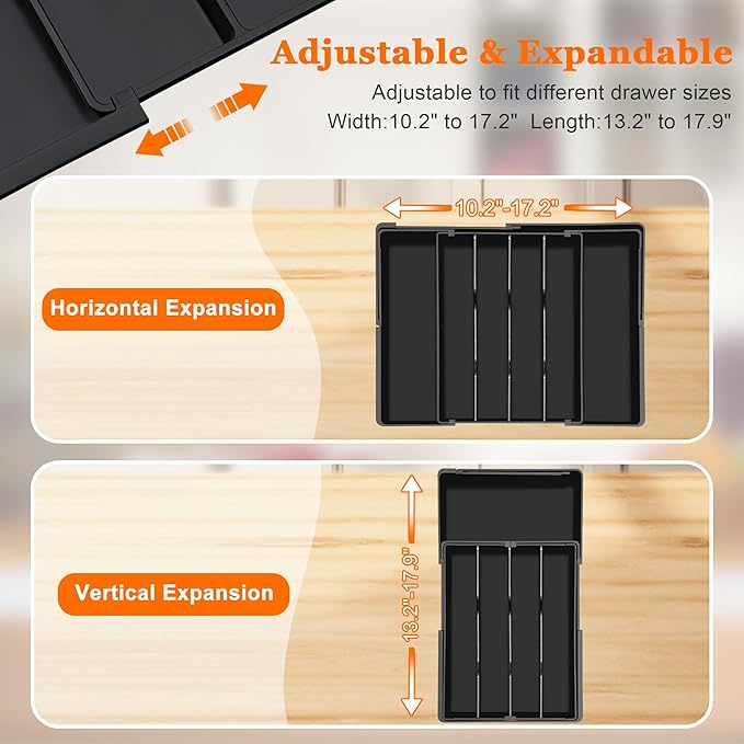 Expandable Large Silverware Organizer - BPA-Free Food-Safe Utensil Drawer Organizer Adjustable Kitchen Drawer Organizer Flatware Cutlery Tray, Classified Storage for Spoons Forks Knives