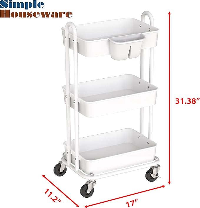 Simple Houseware 3-Tier Multifunctional Rolling Utility Cart with Hanging Bucket, White