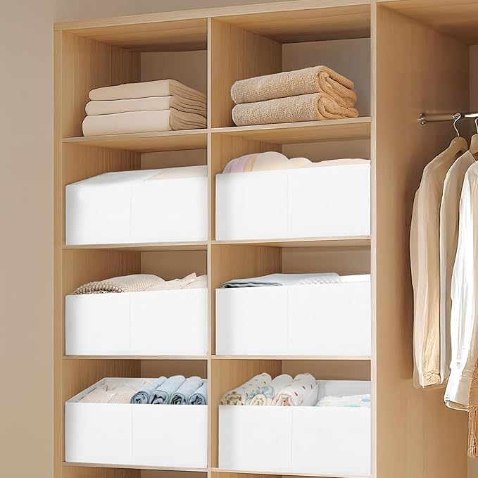 DIMJ Large Closet Shelf Organizer Bins 8 Packs with Handles and Divider, Fabric Trapezoid Storage Baskets, Foldable Clothes Containers Box for Shelf, Towel, Book, Toy, Purse, Hats, White