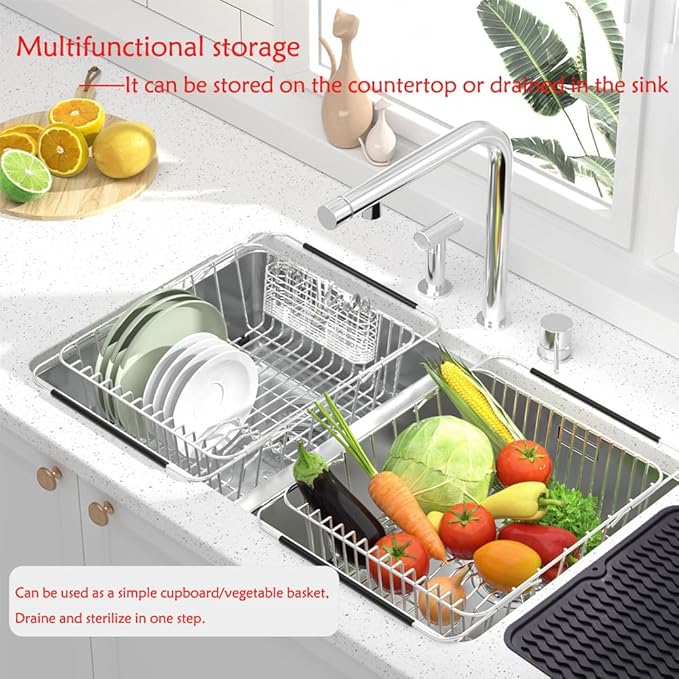 Stainless Steel Dish Drying Rack(15"L x 8.3"W x 4.2"D), Expandable Fruit & Vegetable Drain Rack over Sink, Dish Drainer Rack in Sink, with Stainless Steel Utensil Holder & 16" Silicone Mat