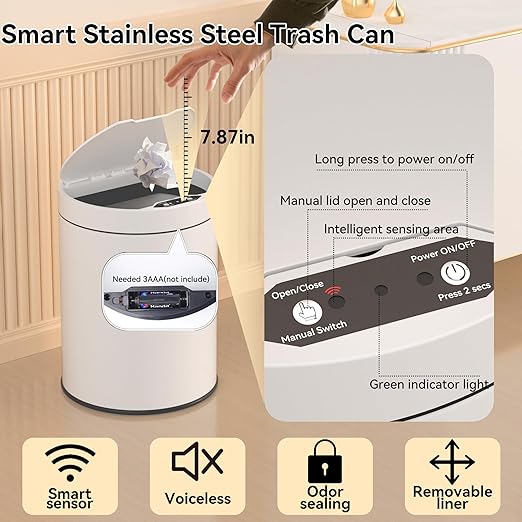 Bathroom Trash Can with Lid 2.6 Gallon Stainless Steel TrashCans Automatic Bathroom Garbage Can for Bedroom, Kitchen, Office