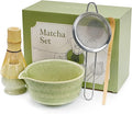 Green Matcha Whisk Making Set - Japanese Tea Kit with Whisk Bowl and Bamboo Scoop Ceramic Chawan with Spout for Traditional Tea Ceremony Complete Matcha Making Tools Gift for Tea Lovers (Green, 5 PCS)