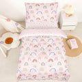 Toddler Bedding Set for Girls, 4 Piece Toddler Girl Bedding Set, Super Soft & Lightweight Pink Toddler Comforter Set Includes Comforter, Flat Sheet, Fitted Sheet, Pillowcase (Rainbow)