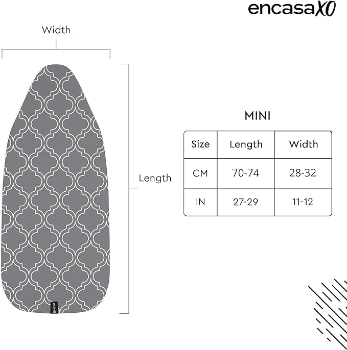 Encasa XO Ironing Board Cover and Pad 28"x12" - Thick 3mm Felt Padding, Drawstring Tightening & Lock, Easy Fit, Scorch & Stain Resistant, Fits Mini Ironing Board - Grey Tiles