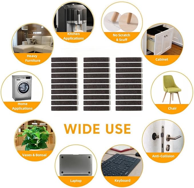 Furnigear Felt Strips with Adhesive Backing for Furniture - Felt Furniture Pads for Hardwood Floors, Furniture Chair Feet Felt Pads, Furniture Floor Protector Sliders 30 Pcs 3 x 1/2" Rectangular Brown