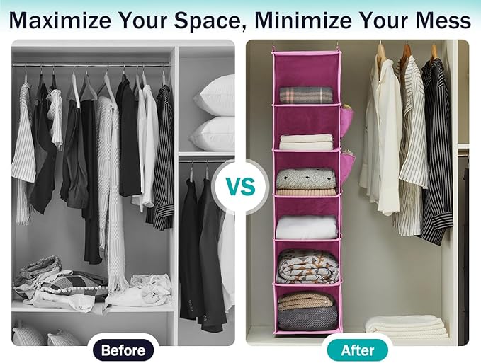 YOUDENOVA Hanging Closet Organizer and Storage, 6-Shelf Closet Hanging Storage Shelves, Light Pink