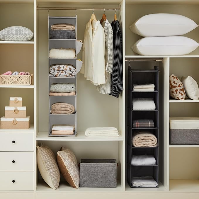 YOUDENOVA Hanging Closet Organizer and Storage, 6-Shelf Closet Hanging Shelves | Sturdy Bamboo Structure Cloth Hanging Storage, Sweater Organizer, 11.8” x 11.8” x 47.2”, Light Grey