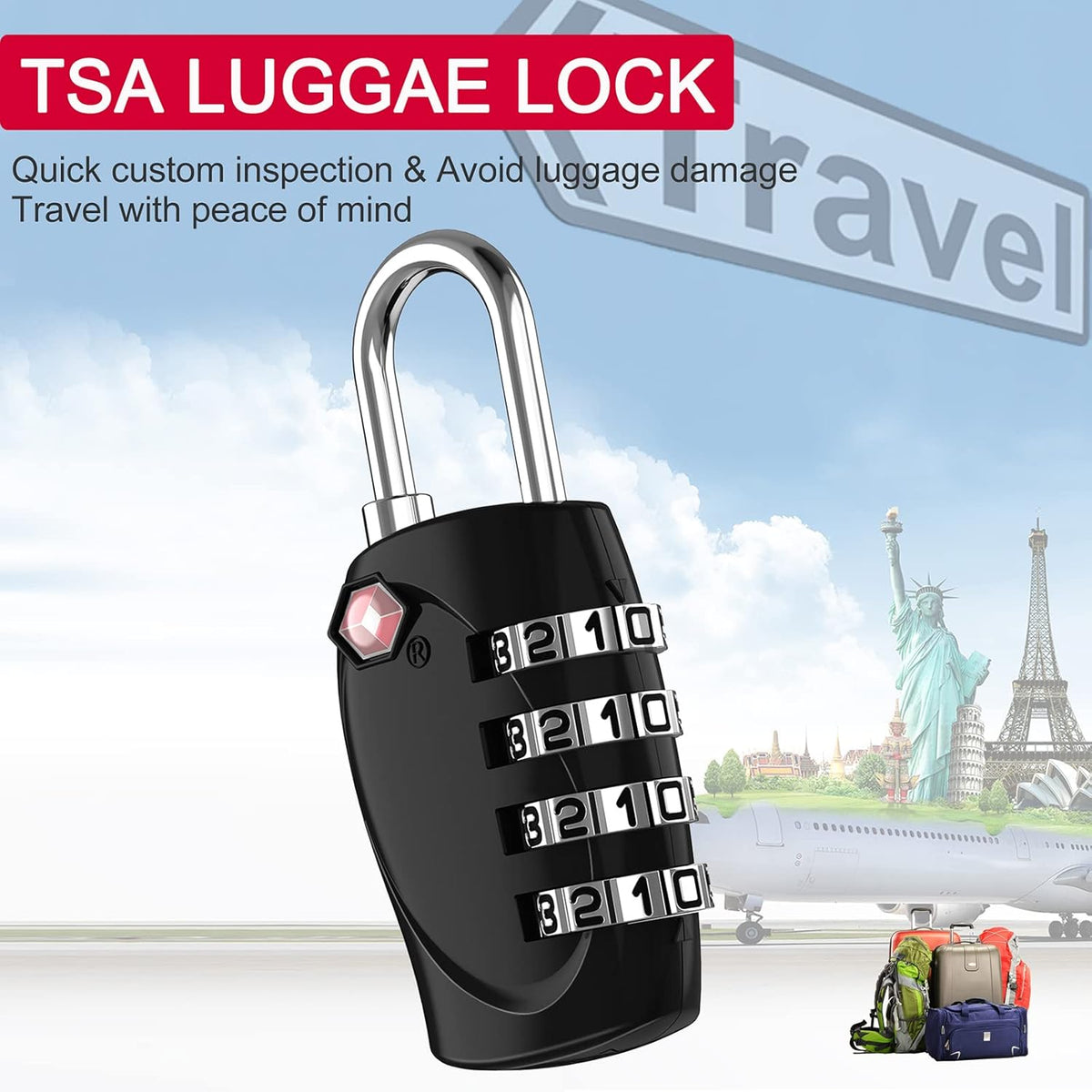 ZHEGE Suitcase Lock TSA Approved, 4 Digit Combination Luggage Lock Resettable for Backpack, Briefcase, Tent, Small Gym Locker Padlock (Black)