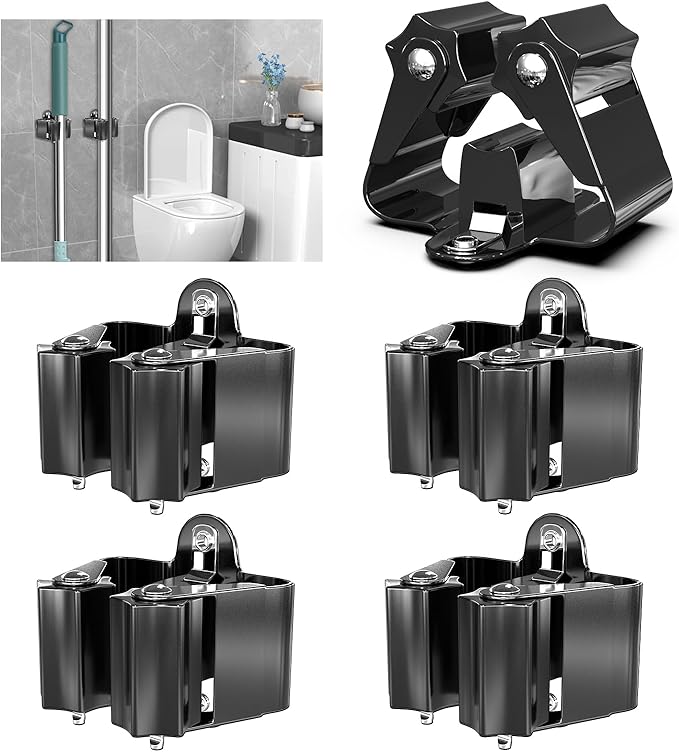 3-H Stainless Steel Broom Holder Wall Mount 4-Pack-Heavy Duty Mop Organizer, Wall Mounted Broom Storage with Secure Mounting for Laundry Garage Bathroom