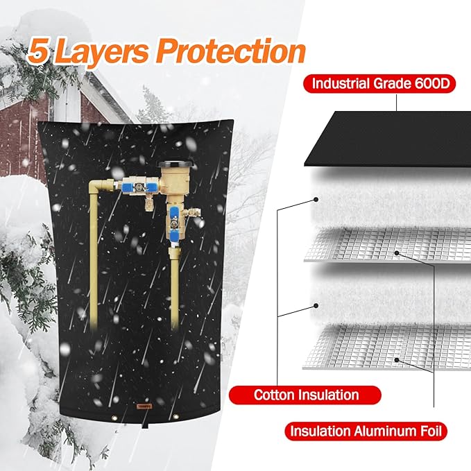 TOHONFOO Backflow Preventer Pipe Insulation Cover (5°F) - Irrigation Sprinkler Valve Insulated Pouch - Water Well Pump Cover - Sturdy 5 Layers for Winter Freeze Protection, 22" W x 34" H, Black