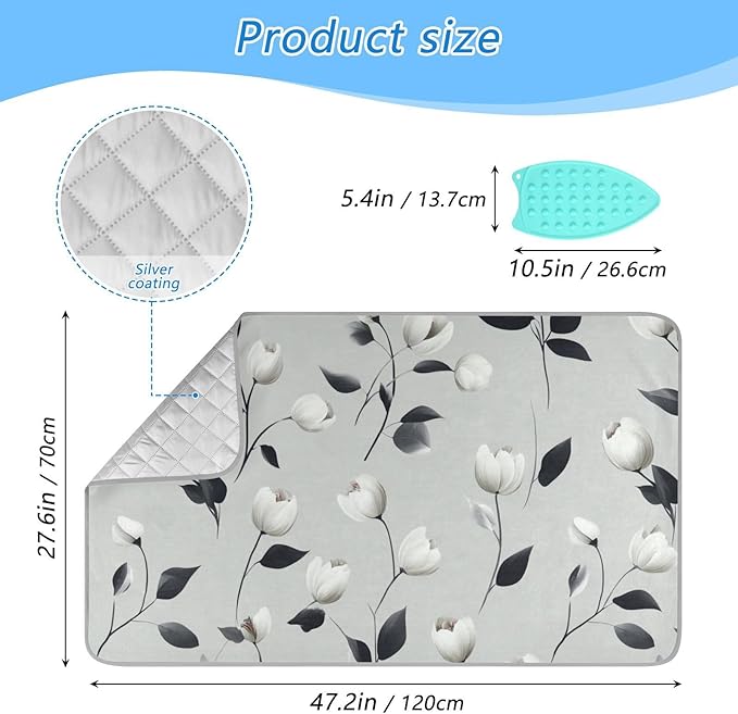 Ironing Mat Portable Ironing Pad Ironing Blanket for Table Top Heat Resistance Double-Side Using Travel Large 47.2 x 27.6 Inch Foldable Lightweight Light Grey Tulips