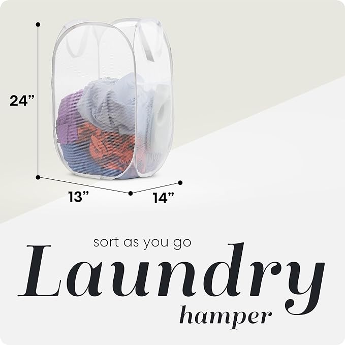Handy Laundry Collapsible Mesh Pop Up Hamper with Wide Opening and Side Pocket - Breathable, Sturdy, Foldable, and Space-Saving Design for Clothes and Storage (White)