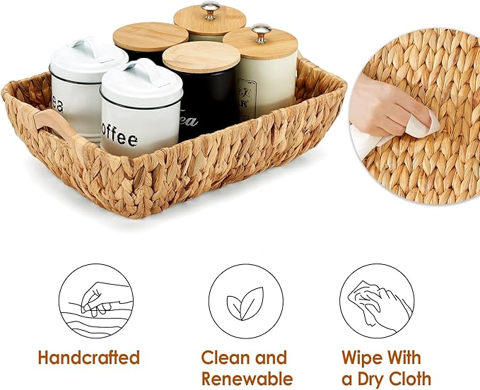 Wicker Baskets 2 Pack, Water Hyacinth Wicker Storage Basket with Wooden Handles, Hand-Woven Baskets for Storage, Natural