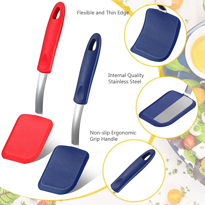 Silicone Cookie Spatula Turner 2 Pack Mini Brownie Spatula Flexible Kitchen Small Silicone Turner for Nonstick Cookware Heat Resistant No Scratch Flipper for Egg Pancake(Red,Blue)