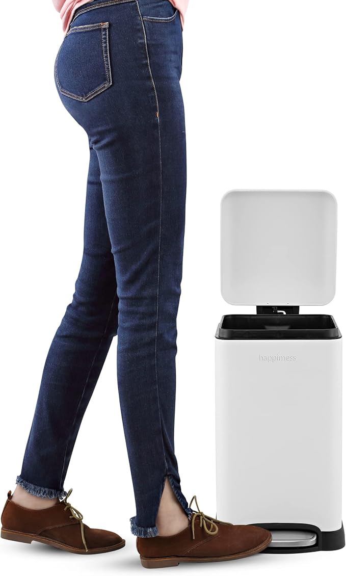 Happimess HPM1012C Betty Retro Mini 3.2-Gallon Step-Open Trash Can, Modern, Minimalistic, Fingerprint-Proof, Rustproof, Soft Close, Bedroom, Bathroom, Kitchen, Laundry Room, Office, 3.2 Gallons, White