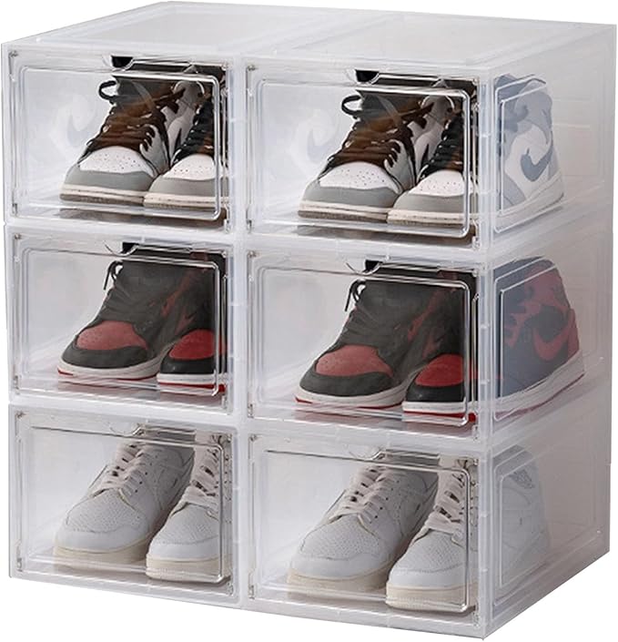 XXL Drop Front Shoe Storage Box Stackable, 6 Pack Shoe Display Case Fit US 15,Sneaker Storage Shoe Containers with Magnetic Door(6 PACK CLEAR)