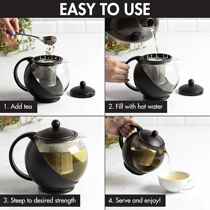 Primula Half Moon Teapot with Removable Infuser, Glass Tea Maker with Reusable Fine Mesh Stainless Steel Filter, Dishwasher Safe, 40-Ounce, Black