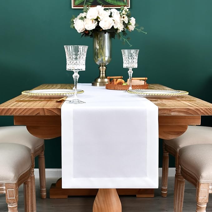 NEWISHER Farmhouse Rustic Table Runner Solid White Rectangular Table Runners Faux Linen Table Runner for Everyday Use Kitchen Dining Party Table 13x48 Inch