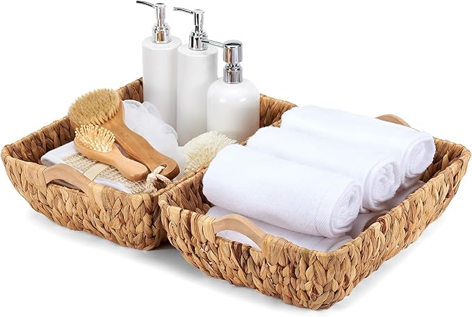 Wicker Baskets 2 Pack, Water Hyacinth Wicker Storage Basket with Wooden Handles, Hand-Woven Baskets for Storage, Natural