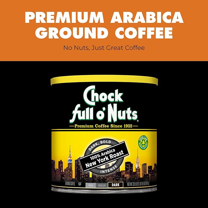 Chock Full o’Nuts New York Roast, Dark Roast Ground Coffee – Gourmet Arabica Coffee Beans – Bold, Full-Bodied and Intense Coffee (30.5 Oz. Can)