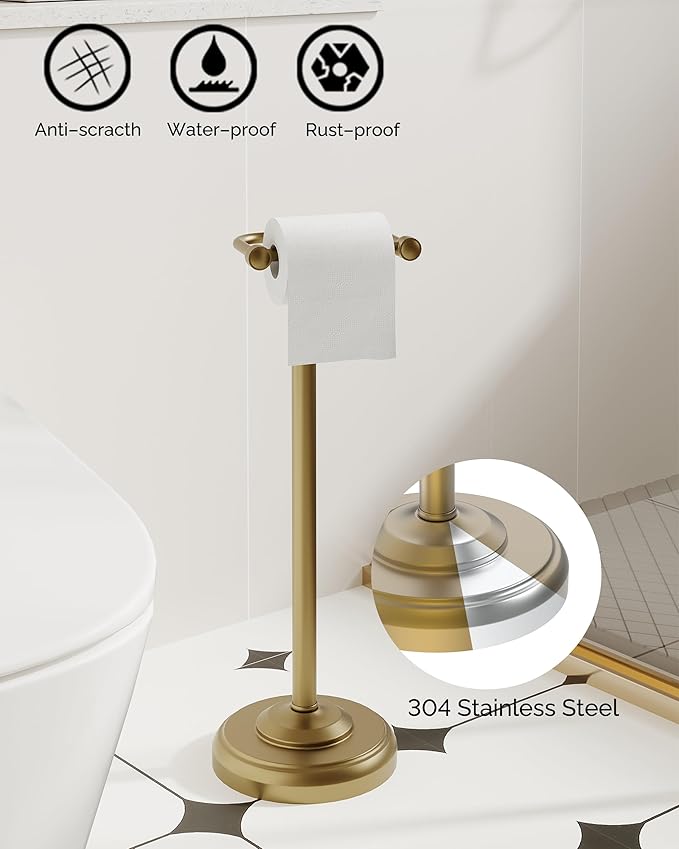 Toilet Paper Holder Stand, Brushed Brass Toilet Paper Holder Free Standing, Post Pivoting Design & Stable Weighted Base SUS304 Stainless Steel for Bathroom(Mega Roll)