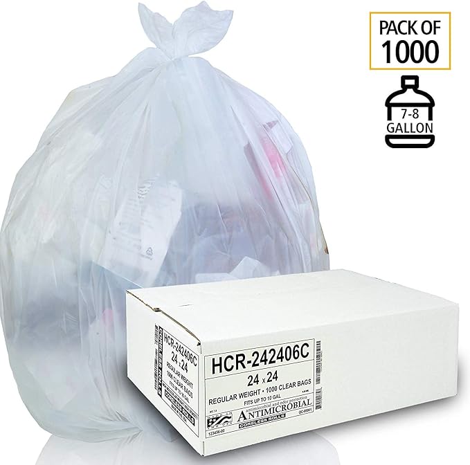 Aluf Plastics High Density Trash Bags, 10 Gallon, 1000 Count, 6 Micron (eq), 24" x 24", Clear, for Bathroom, Office, Industrial, Commercial, Janitorial, Municipal, Recycling