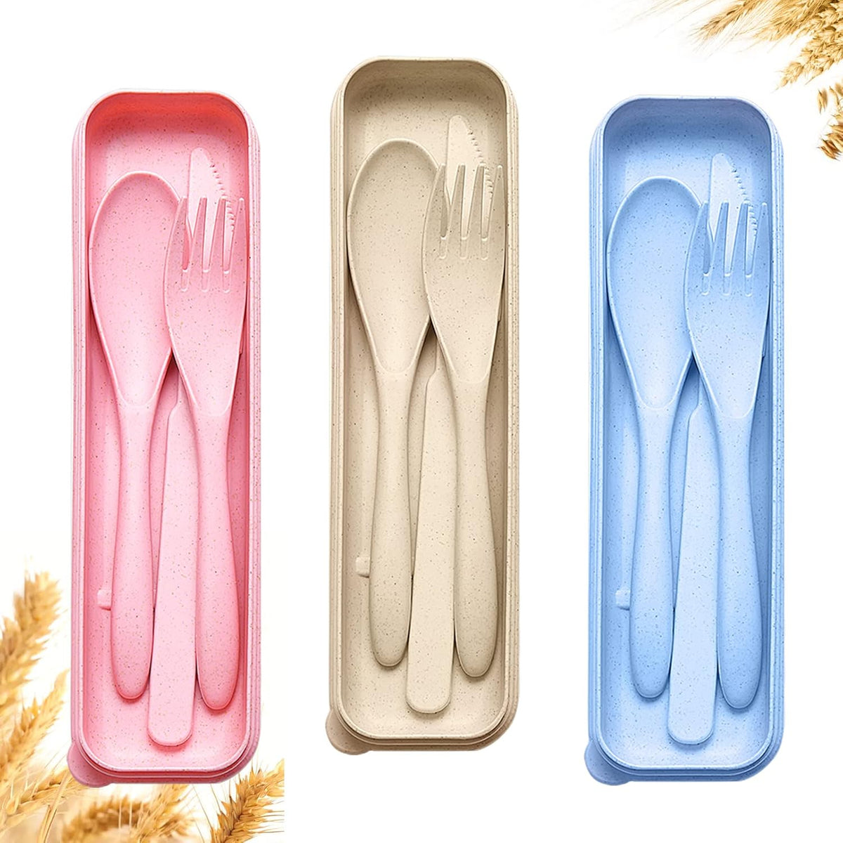 Reusable Travel Utensils Set with Case, 3 Sets Wheat Straw Portable Knife Fork Spoons Cutlery, Eco-Friendly BPA Free Plastic Tableware for Kids Adults Travel Picnic Camping Utensils