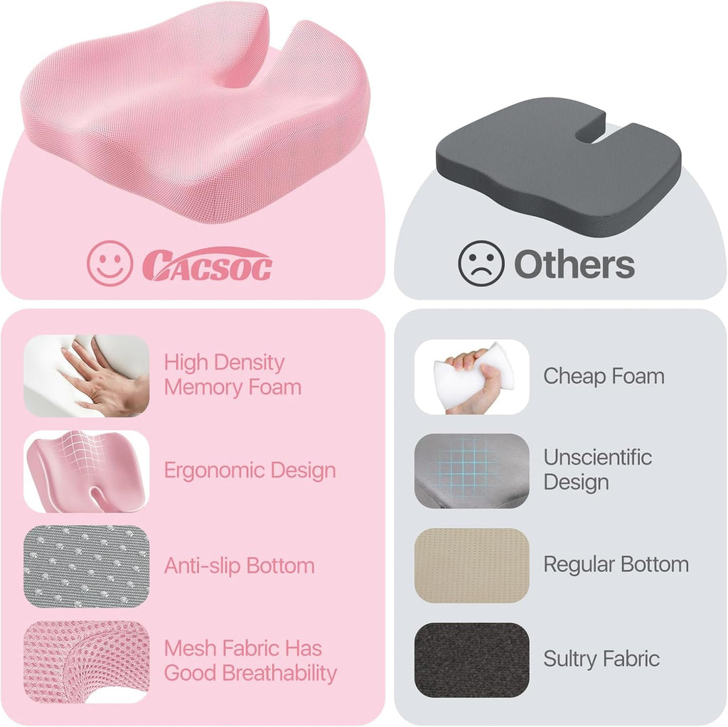 Seat Cushion, Extra Large Memory Foam Cushion for Office Chair Cushions, Ergonomic Cushions Pad Pillow for Pressure Relief Sciatica & Pain Relief for Long Sitting, Pink