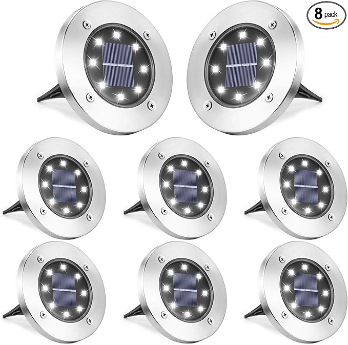 LYHOPE Solar Ground Lights Outdoor, 8 Pack 8 LED Solar Disk Lights Waterproof
