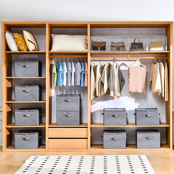 2 Pack Shoe Organizer for Closet,Fits up to 32 Pairs,Adjustable Dividers for Shoe Storage,Fabric Shoe Storage Bins with Clear Cover,Grey
