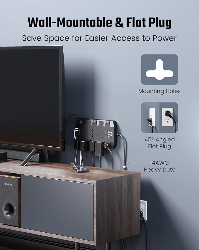 SUPERDANNY Power Strip Surge Protector with 10ft Extension Cord - 22 Outlets, 6 USB Ports, 45W Fast Charging - 1875W/15A, 2100J, 45°Plug, Mountable - Ideal for Home, Office, Gaming, PC, Streaming