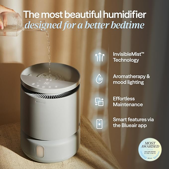 BLUEAIR Room Humidifier - DreamWell - 48Hr Top-Fill Mist-Free InvisibleMist Technology Aroma Stone for Essential Oils and Soothing Mood Lighting - Quiet Operation for Bedroom and Home Use, Grey