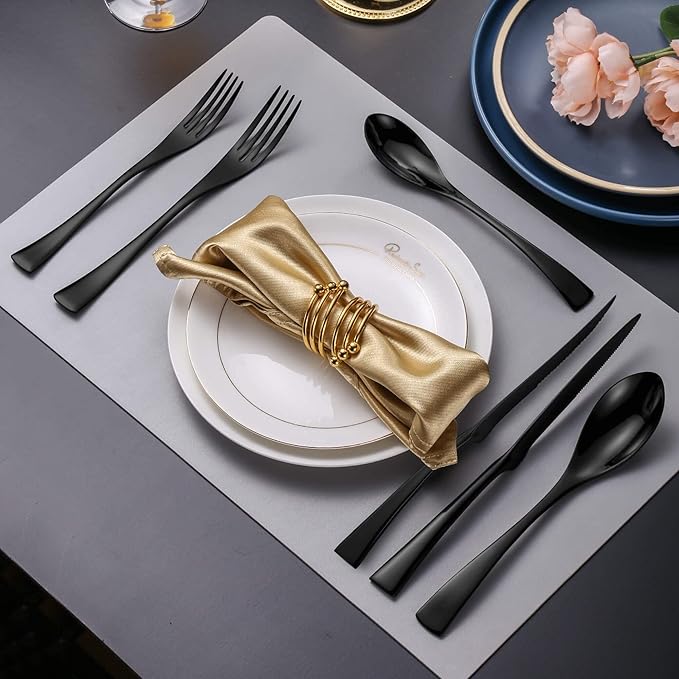 Lemeya 24-Piece Black Silverware Set with Steak Knives,Forged 18/10 Stainless Steel Cutlery Set for 4,Modern Heavy Duty Flatware Utensils Set,Fork Spoon and Knives Set, Mirror Polished,Dishwasher Safe