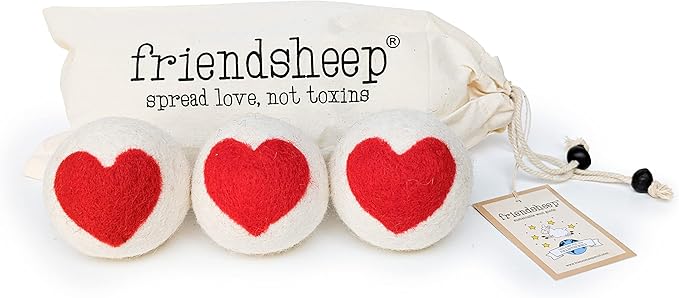 Friendsheep Wool Dryer Balls, Organic Reusable Fabric Softener Alternative for Laundry, Handmade, Fair Trade, Hypoallergenic, Eco-Friendly, Plastic-Free (3 Pack XL – Red Heart)