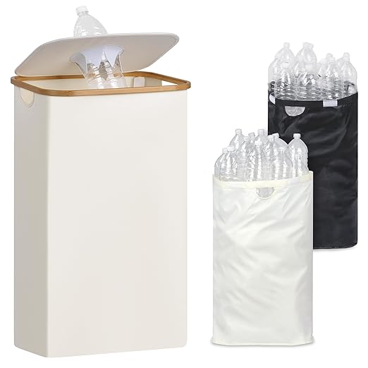 29 Gallons Recycling Bins for Kitchen, Indoor Recycle Bins with Lid, 110L Large Recycle bin with 2 Removeable Reusable Inner Bags, for Bottles Cans Glass Plastice Cartons(Beige)