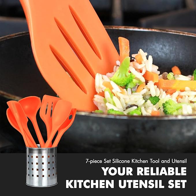 Chef Craft 7 Piece Silicone Kitchen Tool and Utensil Set, Orange (42078)