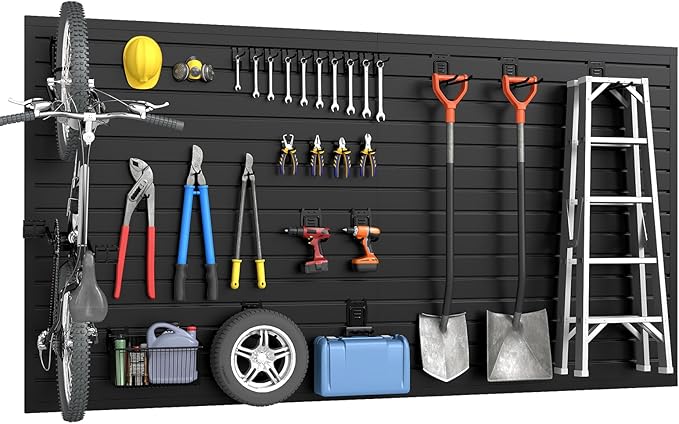 DoCred Slatwall Paneling Organizer, 4x7.5 FT PVC Garage Slat Wall Storage Systems, Heavy Duty Mounted Slat Peg Board for Tool Organization Ladder Bike Rack (Black)