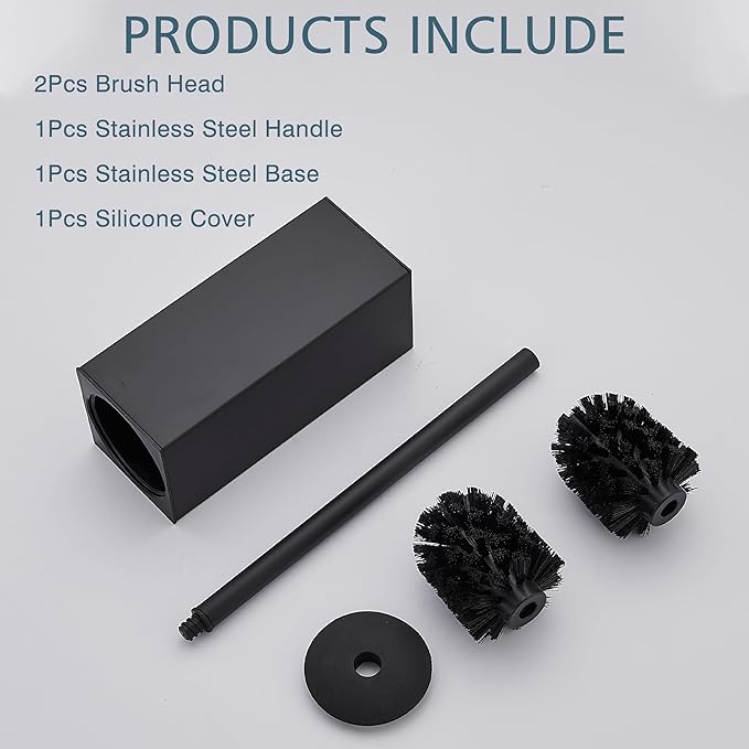 FORIOUS Toilet Brush and Holder Set, Heavy Duty 304 Stainless Steel Base Square and Long Handle for Bathroom Deep Cleaning, Drip-Proof, Space Saving for Storage, 2 Toilet Bowl Brush Head, Black