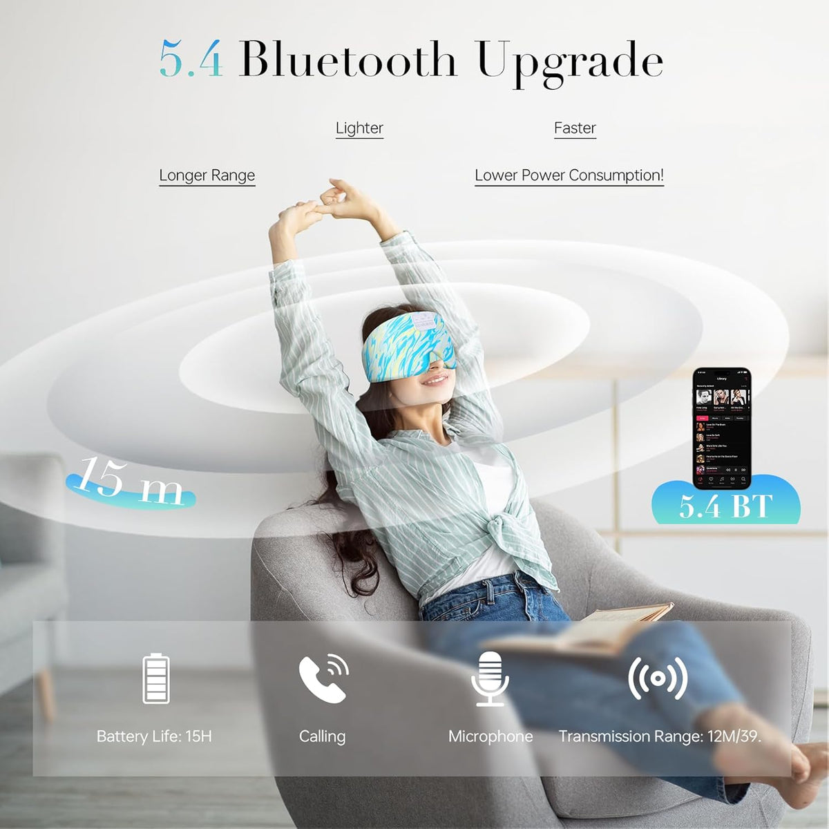 LC-dolida Sleep Mask with Bluetooth Headphones, Extra Large Silk Eye Mask for Sleeping Side Day Sleepers, Sleep Headphones Bluetooth 5.4 for Women Men with Thin Speaker, Blackout, Comfort, Microphone